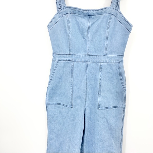 BOHME Women Size XL Overalls Light Wash Denim Jean Ruffle Wide Leg Crop Stretch - Picture 3 of 14